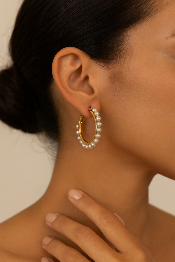 pearl hoops, gold hoop earrings, elegant earrings, round earrings, minimal jewellery