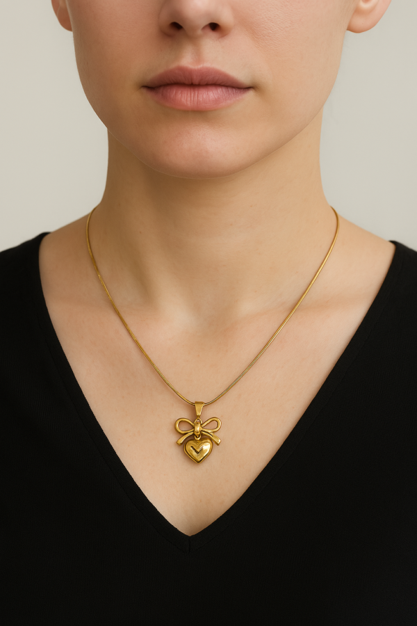 Golden Bow Heart Pendant Necklace