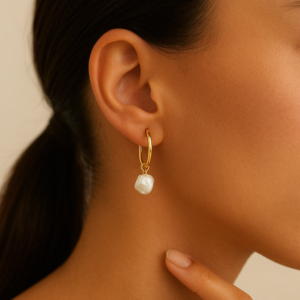 Golden Hoop Earring with Baroque Pearl Charm