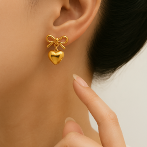Golden Ribbon Heart Drop Earrings