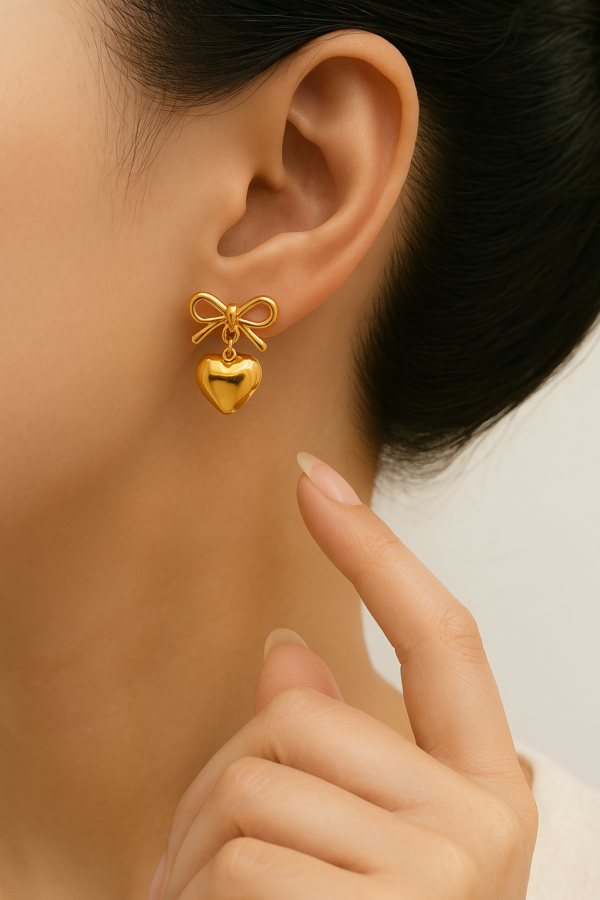 Golden Ribbon Heart Drop Earrings